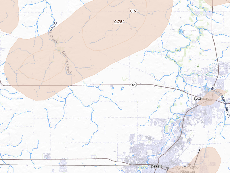 Radar-estimated hail-size map of the storm over Clare, IL on Jul 3, 2026