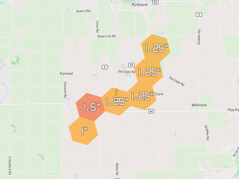 Hail map of Clare, IL on Jul 4, 2026, hail up to 1.5"