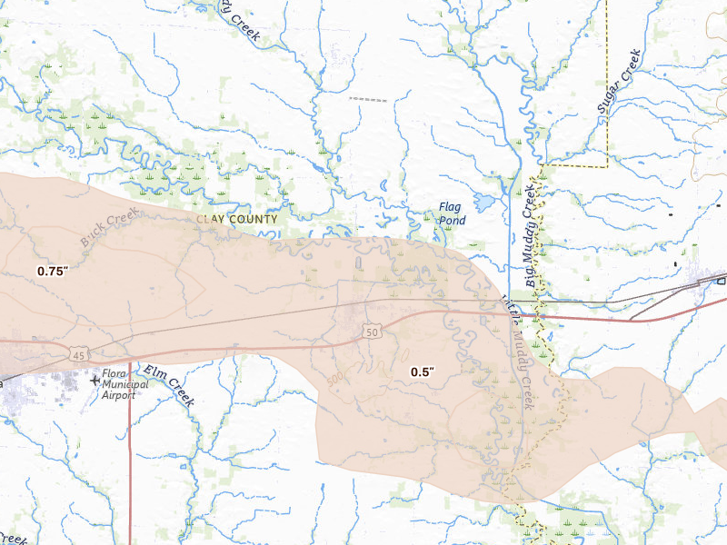 Radar-estimated hail-size map of the storm over Clay City, IL on Mar 22, 2026
