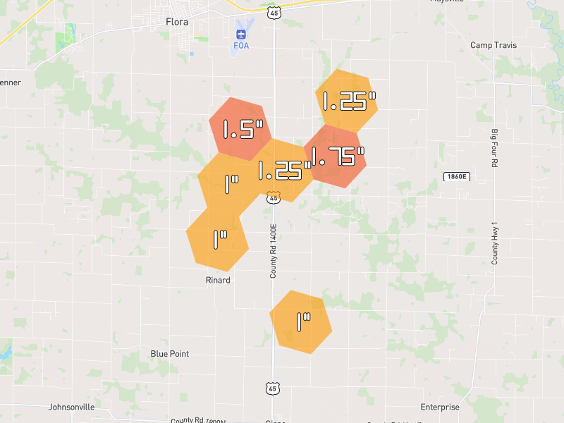 Hail map of Clay City, IL on Jul 3, 2026, hail up to 1.75"