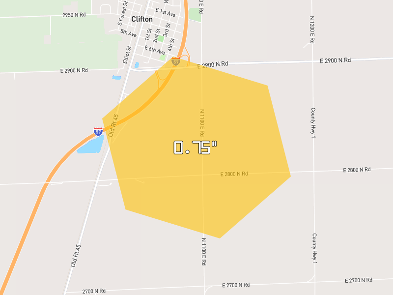 Hail map of Clifton, IL on Jun 6, 2026, hail up to 0.75"