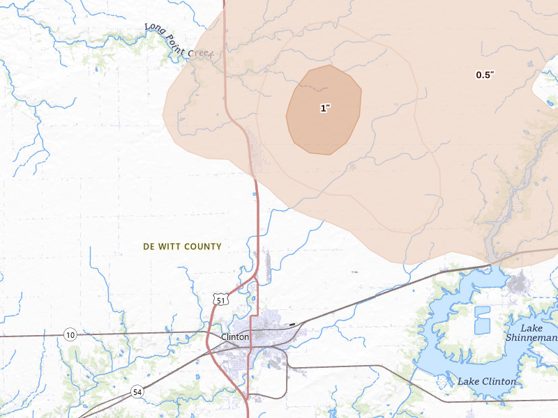 Radar-estimated hail-size map of the storm over Clinton, IL on Aug 11, 2026