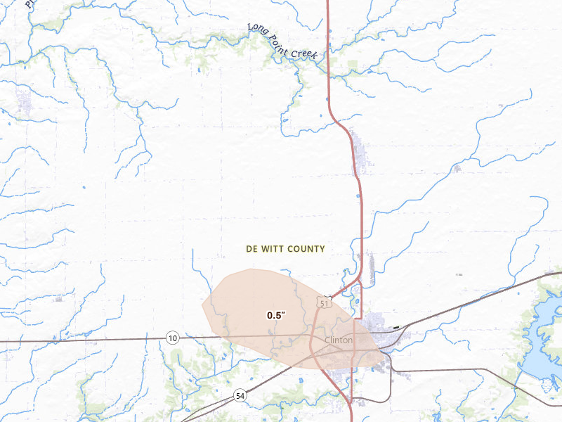 Radar-estimated hail-size map of the storm over Clinton, IL on Aug 19, 2026