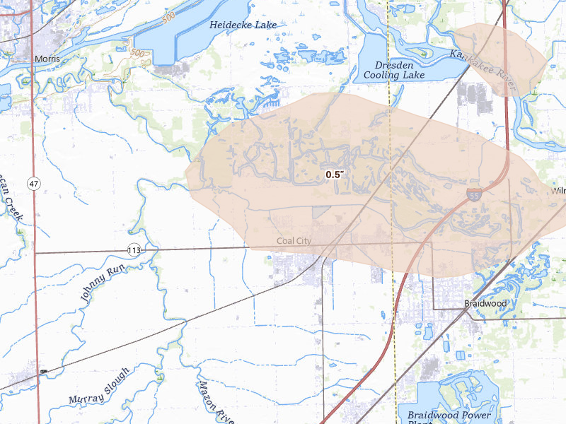 Radar-estimated hail-size map of the storm over Coal City, IL on Aug 12, 2026