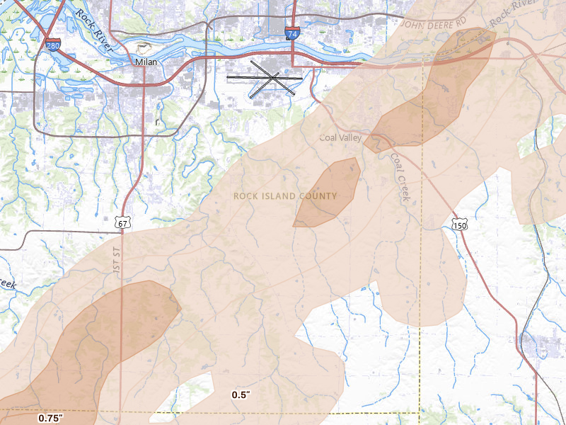 Radar-estimated hail-size map of the storm over Coal Valley, IL on Apr 2, 2026