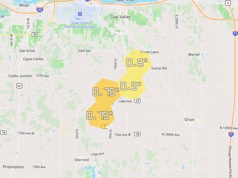 Hail map of Coal Valley, IL on Jun 6, 2026, hail up to 0.75"