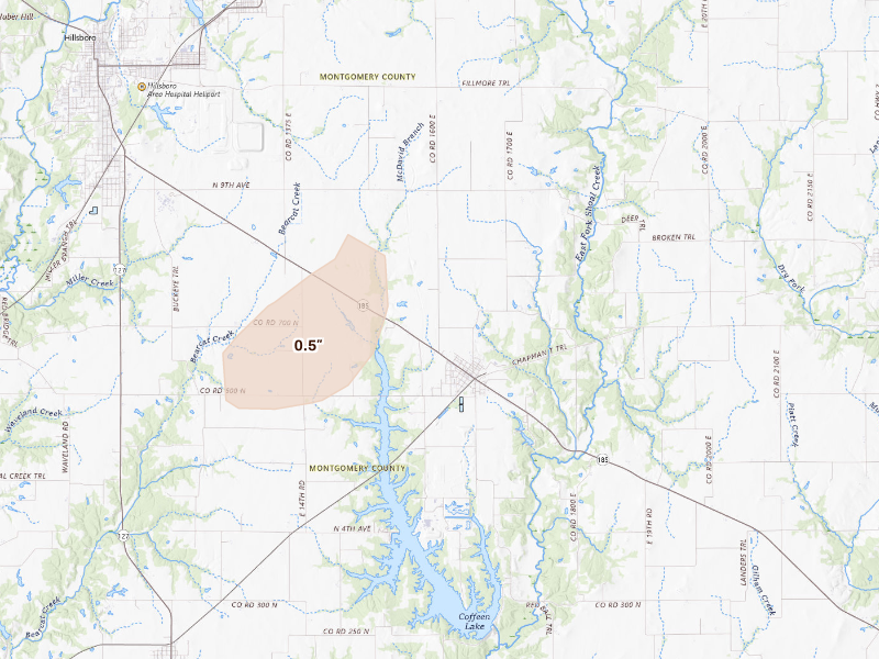 Radar-estimated hail-size map of the storm over Coffeen, IL on Sep 16, 2026