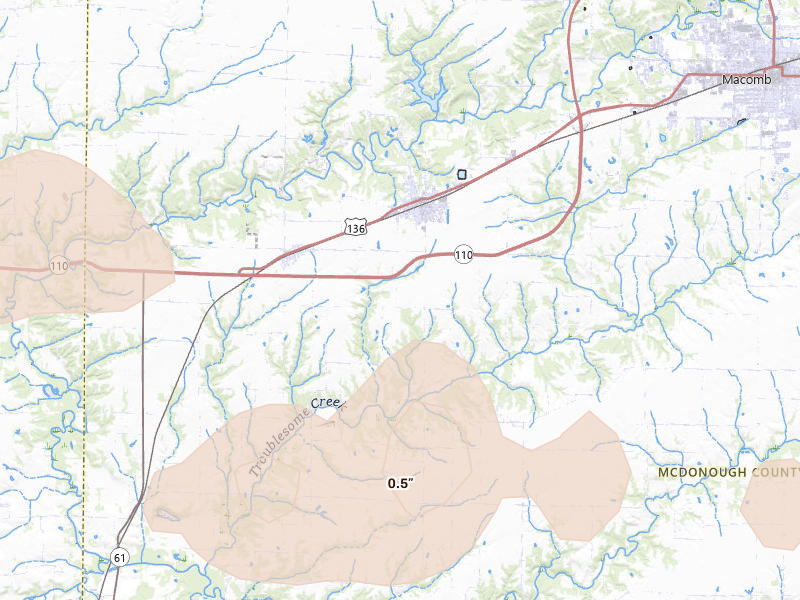 Radar-estimated hail-size map of the storm over Colchester, IL on May 4, 2026