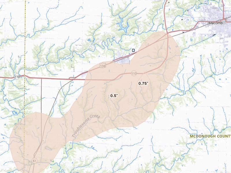 Radar-estimated hail-size map of the storm over Colchester, IL on Jun 10, 2026