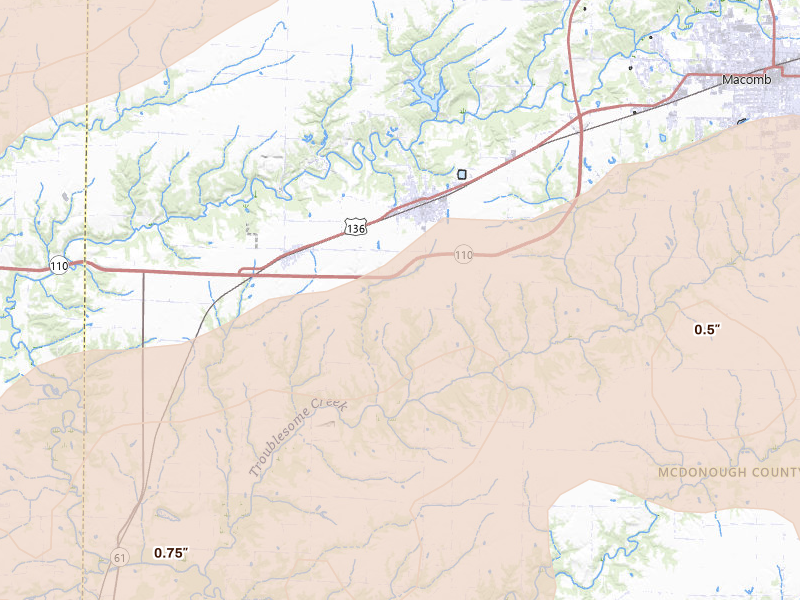 Radar-estimated hail-size map of the storm over Colchester, IL on Jun 11, 2026