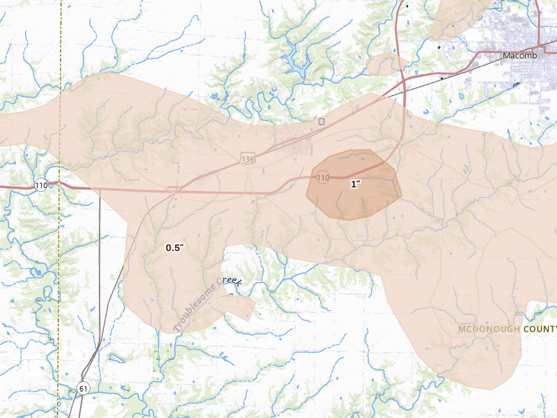 Radar-estimated hail-size map of the storm over Colchester, IL on Jun 17, 2026
