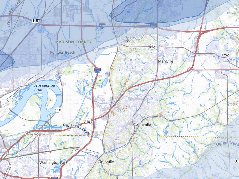 NEXRAD radar-signature map of the hail over Collinsville, IL