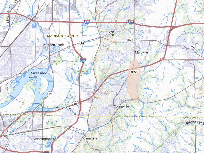 Radar-estimated hail-size map of the storm over Collinsville, IL on May 18, 2026