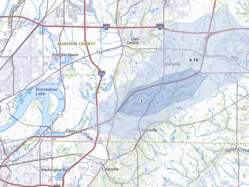 NEXRAD radar-signature map of the hail storm over Collinsville, IL on May 18, 2026