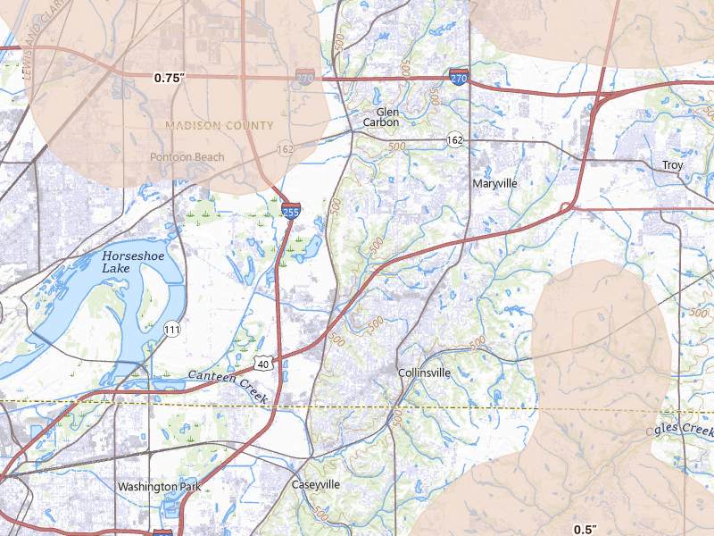 Radar-estimated hail-size map of the storm over Collinsville, IL on May 31, 2026