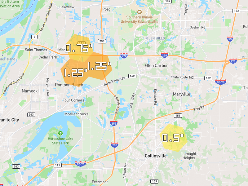 Hail map of Collinsville, IL on Jun 1, 2026, hail up to 1.25"