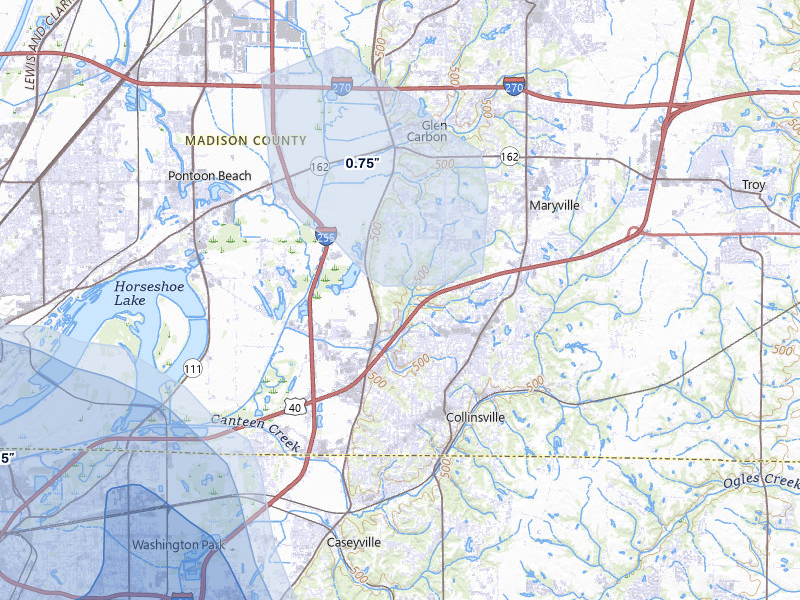 NEXRAD radar-signature map of the hail over Collinsville, IL