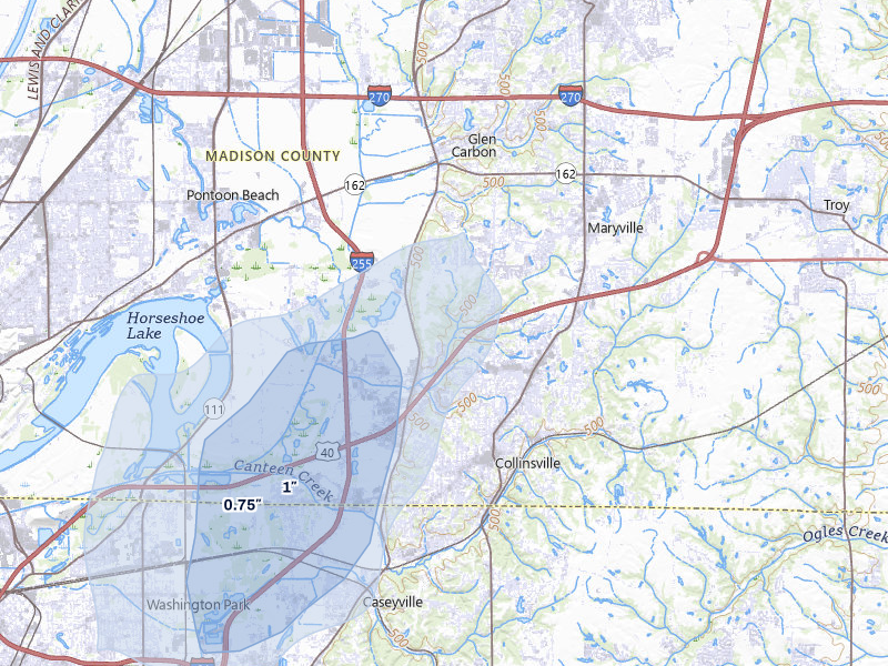 NEXRAD radar-signature map of the hail storm over Collinsville, IL on Jul 8, 2026