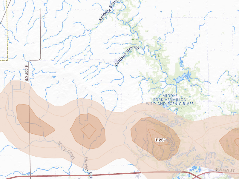 Radar-estimated hail-size map of the storm over Collison, IL on Mar 26, 2026