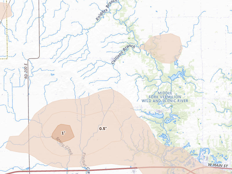 Radar-estimated hail-size map of the storm over Collison, IL on Aug 13, 2026