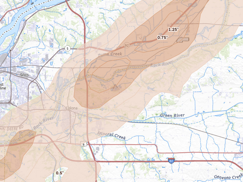 Radar-estimated hail-size map of the storm over Colona, IL on Apr 2, 2026