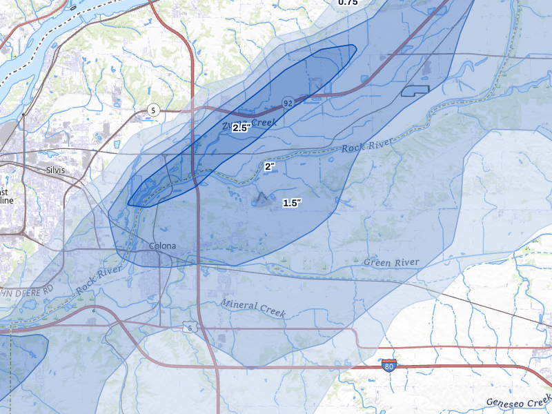 NEXRAD radar-signature map of the hail over Colona, IL