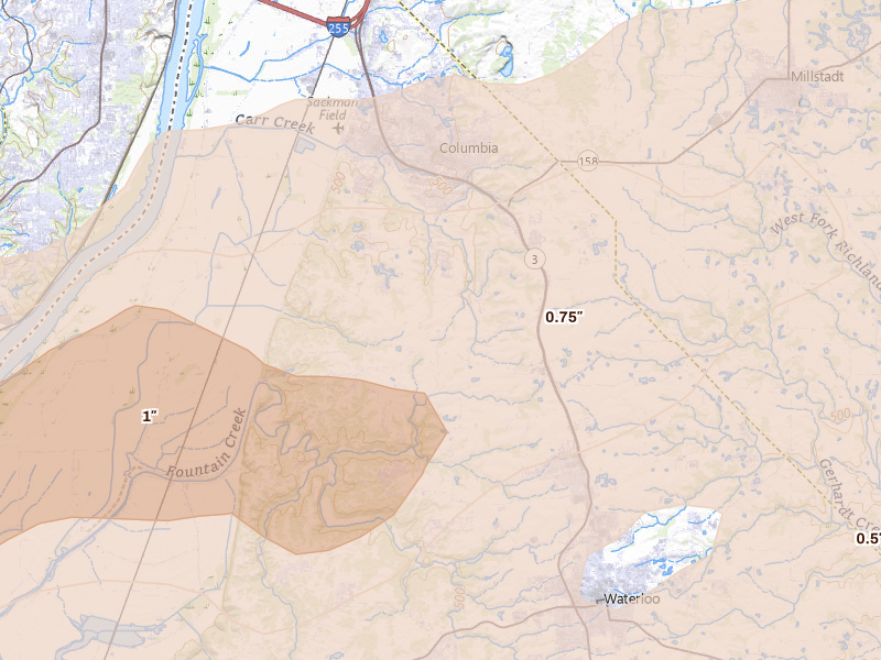 Radar-estimated hail-size map of the storm over Columbia, IL on Apr 27, 2026