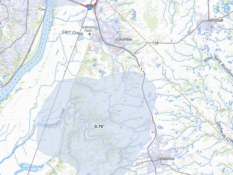 NEXRAD radar-signature map of the hail storm over Columbia, IL on Jul 3, 2026
