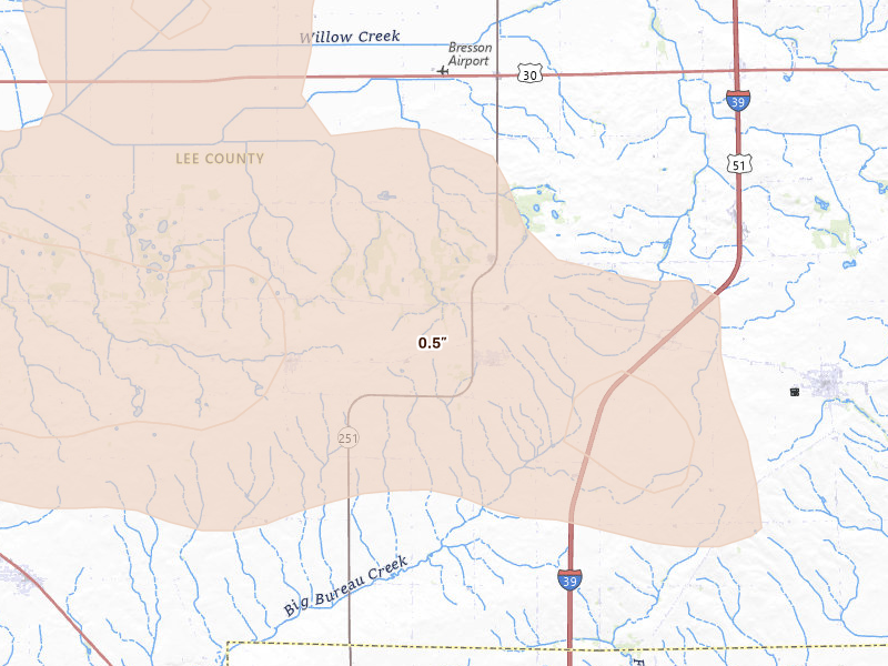 Radar-estimated hail-size map of the storm over Compton, IL on Aug 9, 2026