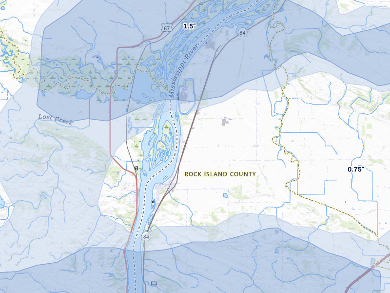 NEXRAD radar-signature map of the hail storm over Cordova, IL on Jul 3, 2026