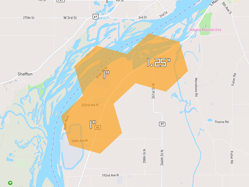 Hail map of Cordova, IL on Jul 4, 2026, hail up to 1.25"