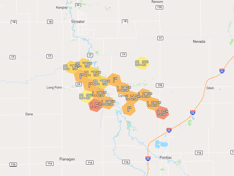Hail map of Cornell, IL on Jun 6, 2026, hail up to 1.5"