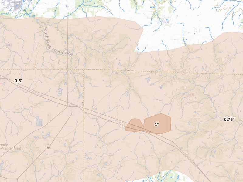 Radar-estimated hail-size map of the storm over Coulterville, IL on Apr 27, 2026