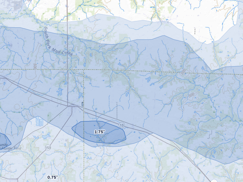 NEXRAD radar-signature map of the hail over Coulterville, IL