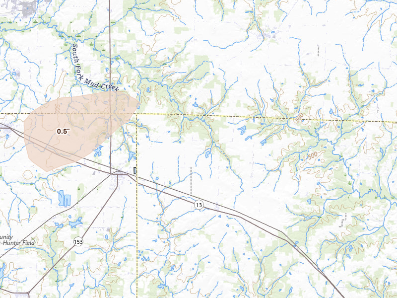 Radar-estimated hail-size map of the storm over Coulterville, IL on Jun 11, 2026