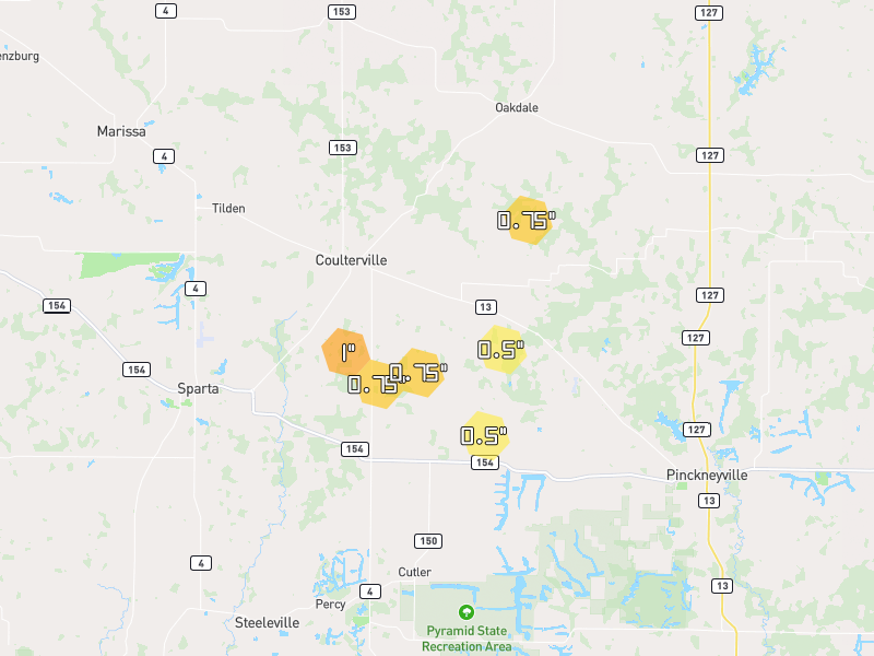 Hail map of Coulterville, IL on Jul 8, 2026, hail up to 1"