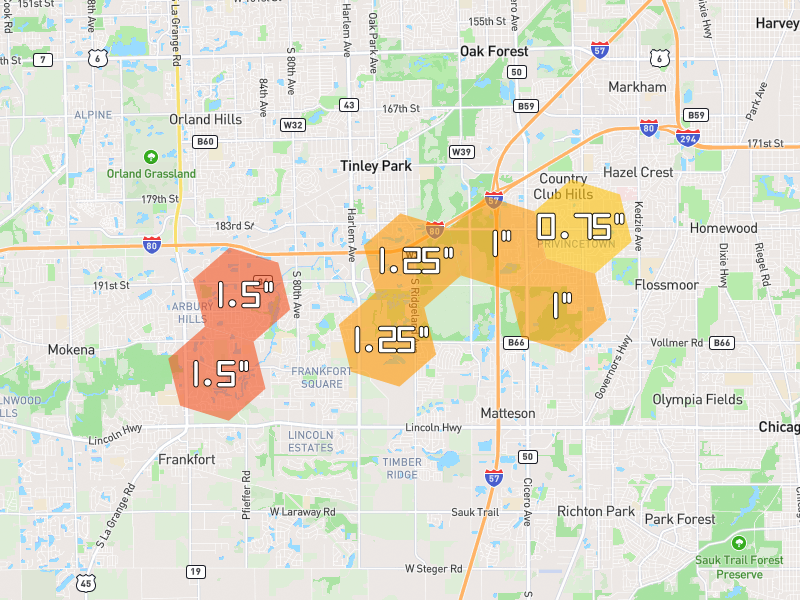 Hail map of Country Club Hills, IL on Jul 3, 2026, hail up to 1.5"