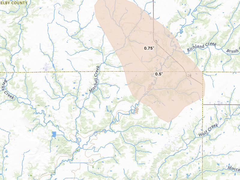 Radar-estimated hail-size map of the storm over Cowden, IL on Jul 26, 2026