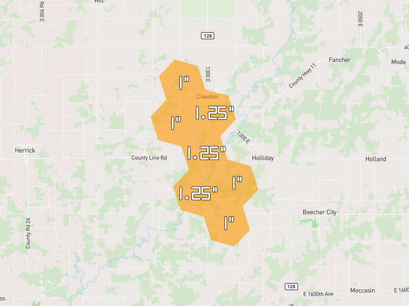 Hail map of Cowden, IL on Jul 26, 2026, hail up to 1.25"