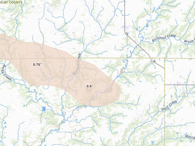 Radar-estimated hail-size map of the storm over Cowden, IL on Aug 19, 2026