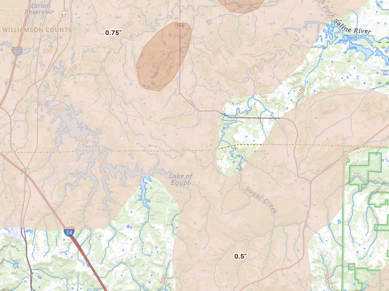 Radar-estimated hail-size map of the storm over Creal Springs, IL on Apr 27, 2026