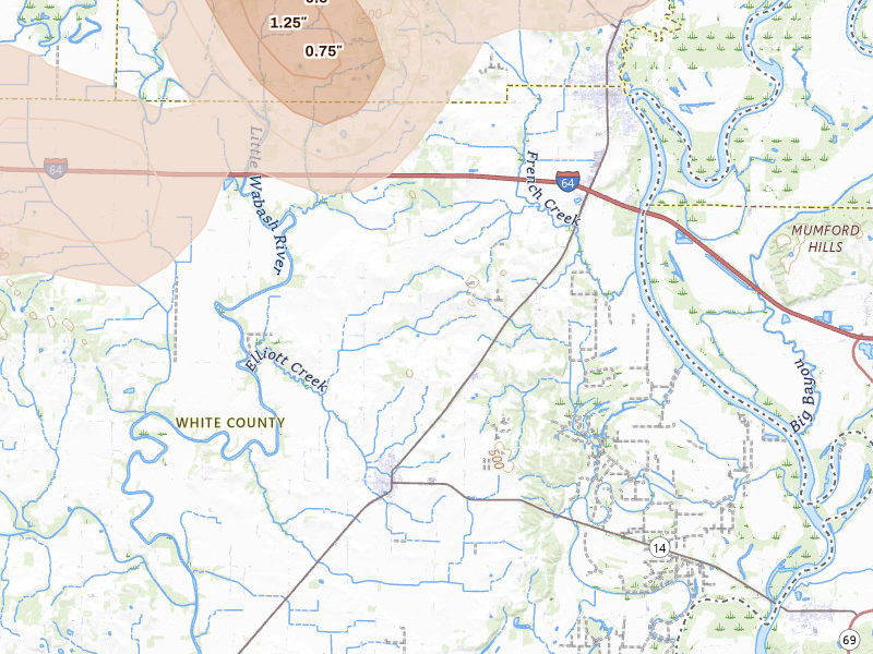 Radar-estimated hail-size map of the storm over Crossville, IL on Apr 27, 2026