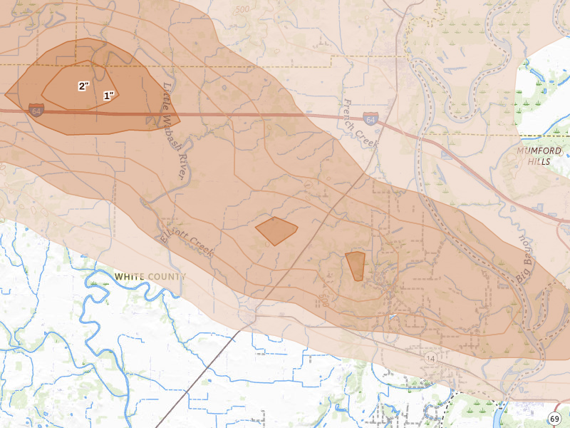 Radar-estimated hail-size map of the storm over Crossville, IL on May 16, 2026