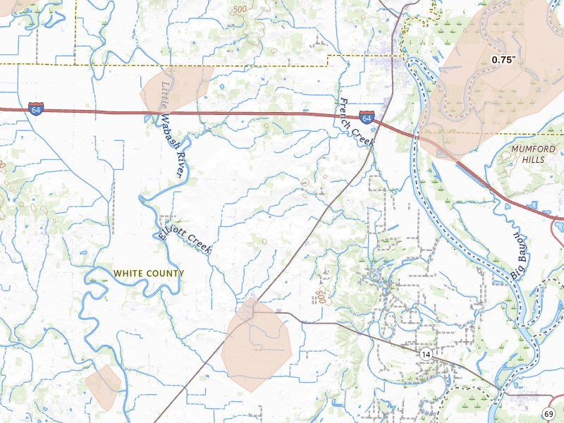 Radar-estimated hail-size map of the storm over Crossville, IL on Jul 4, 2026
