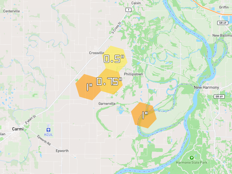 Hail map of Crossville, IL on Jul 4, 2026, hail up to 1"