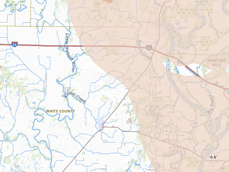 Radar-estimated hail-size map of the storm over Crossville, IL on Jul 26, 2026