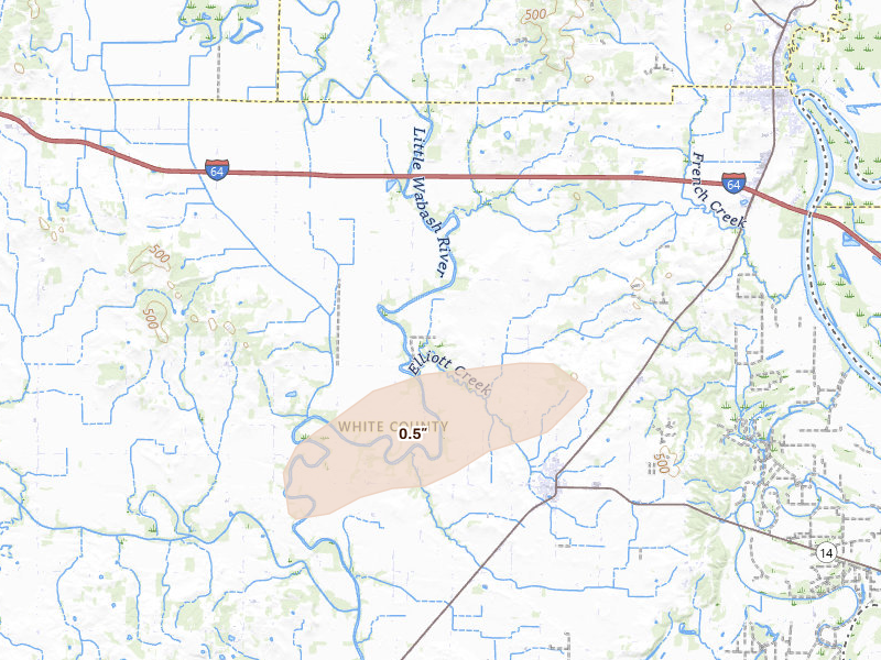 Radar-estimated hail-size map of the storm over Crossville, IL on Aug 16, 2026