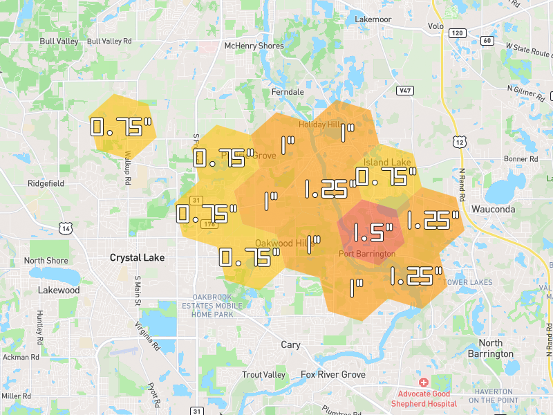Hail map of Crystal Lake, IL on Jun 6, 2026, hail up to 1.5"