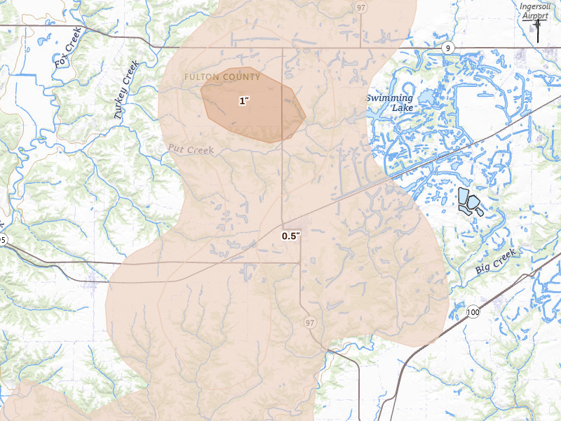 Radar-estimated hail-size map of the storm over Cuba, IL on Apr 17, 2026