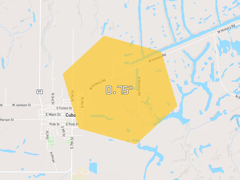 Hail map of Cuba, IL on Jun 9, 2026, hail up to 0.75"